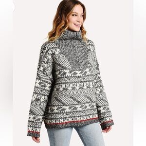 Line Helga Quarter Zip Pullover Sweater Geometric Fair Isle Alpine Gray L NEW